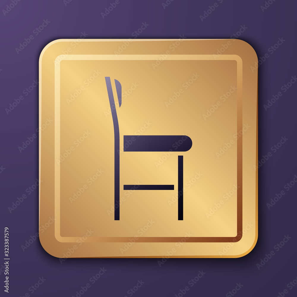 Purple Chair icon isolated on purple background. Gold square button. Vector Illustration