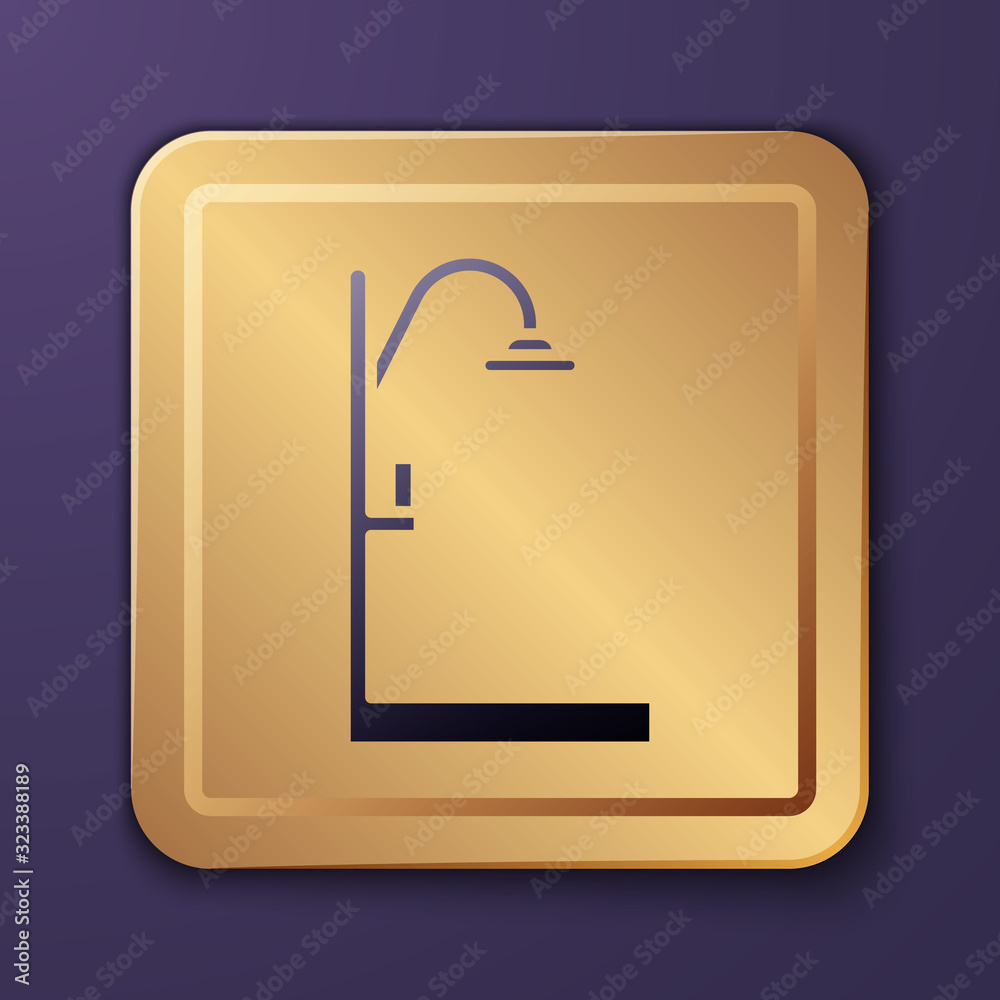 Purple Shower icon isolated on purple background. Gold square button. Vector Illustration