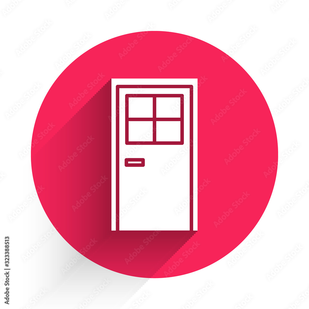 White Closed door icon isolated with long shadow. Red circle button. Vector Illustration