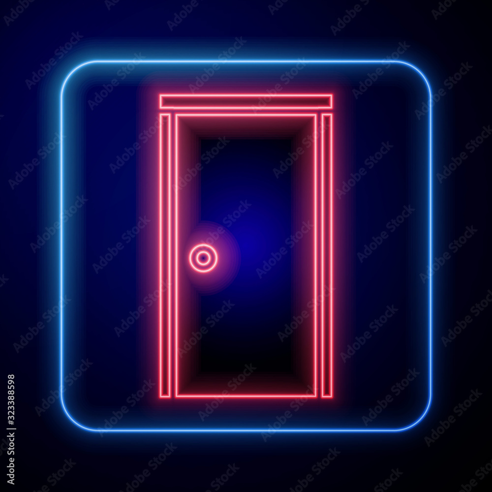 Glowing neon Closed door icon isolated on blue background.  Vector Illustration