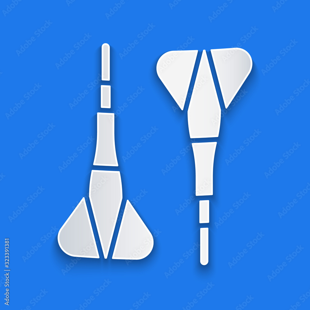 Paper cut Dart arrow icon isolated on blue background. Paper art style. Vector Illustration