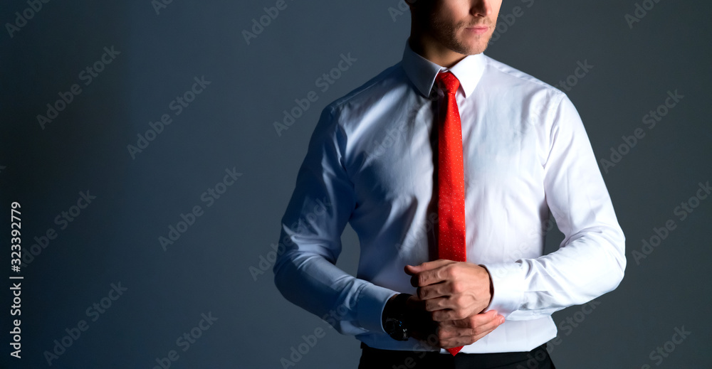 close up smart caucasian businessman with beard white shirt portrait half body dark color background