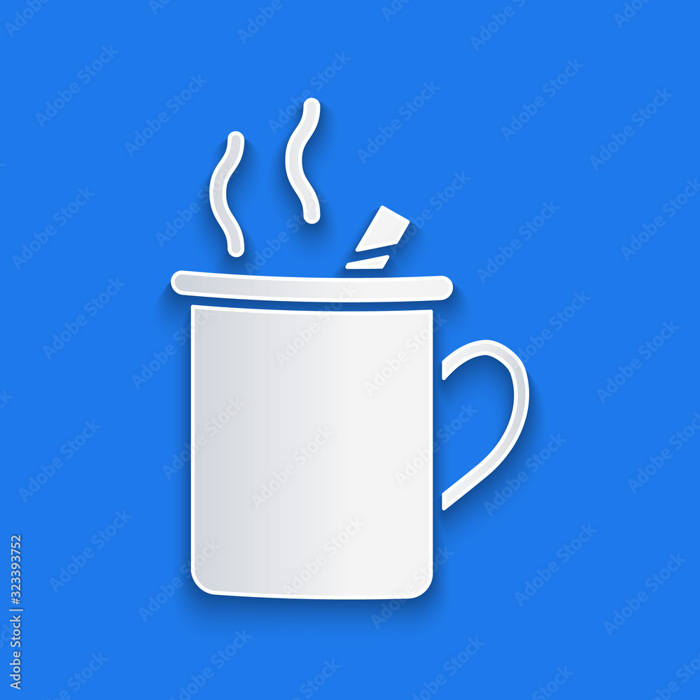 Paper cut Mulled wine with glass of drink and ingredients icon isolated on blue background. Cinnamon