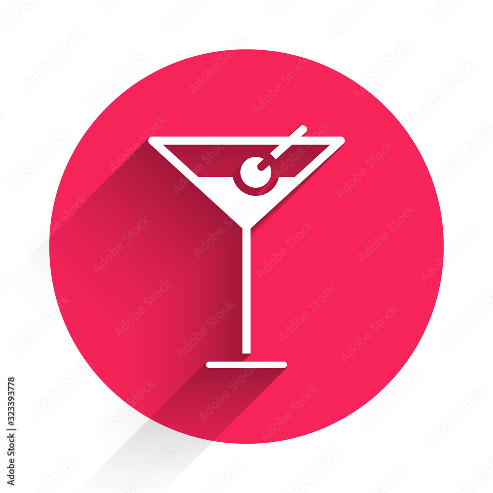 White Martini glass icon isolated with long shadow. Cocktail icon. Wine glass icon. Red circle butto