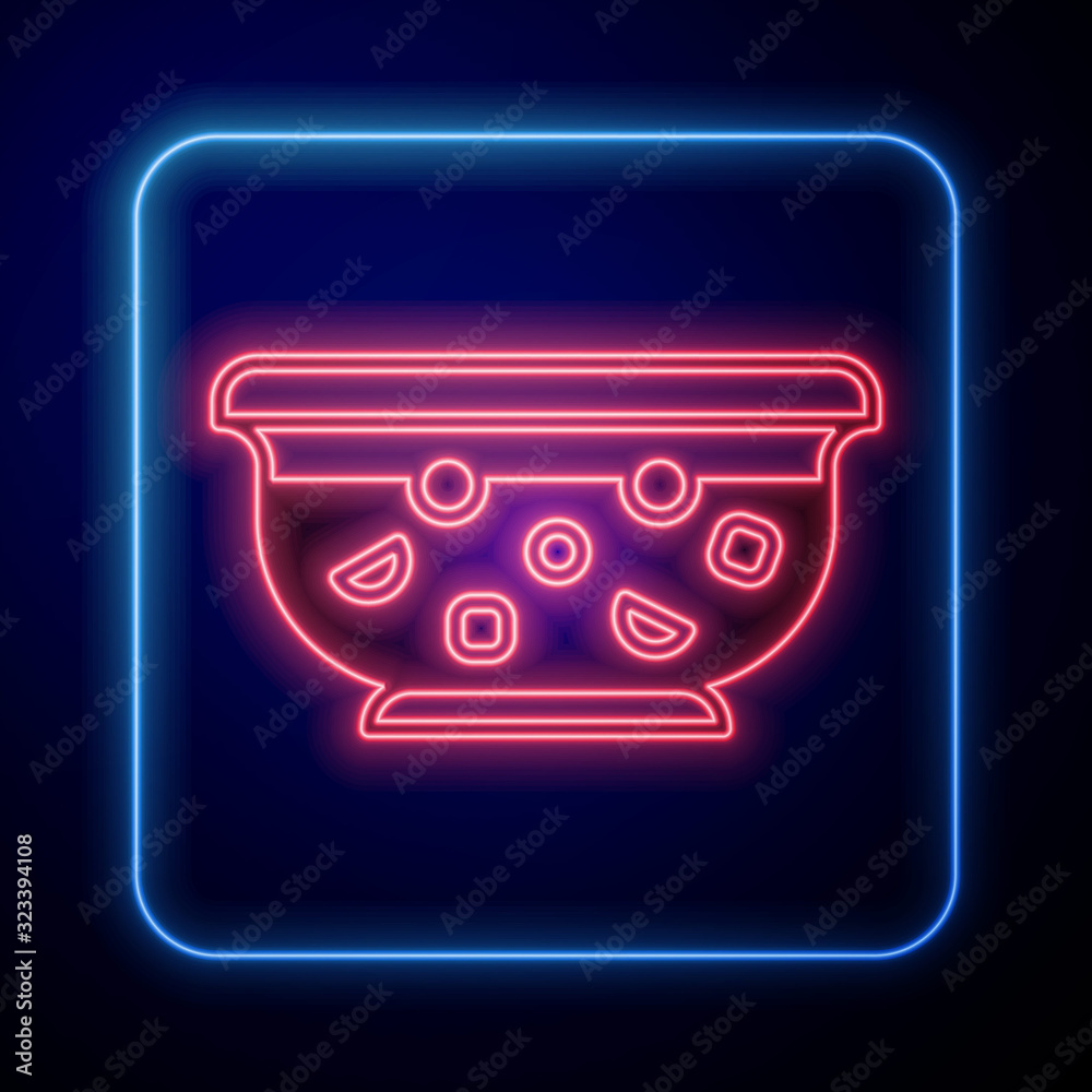 Glowing neon Mixed punch with fresh fruits in bowl icon isolated on blue background. Vector Illustra