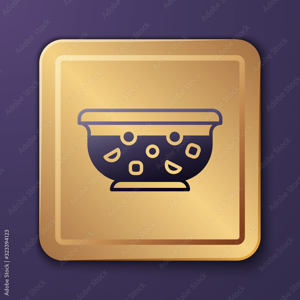 Purple Mixed punch with fresh fruits in bowl icon isolated on purple background. Gold square button.