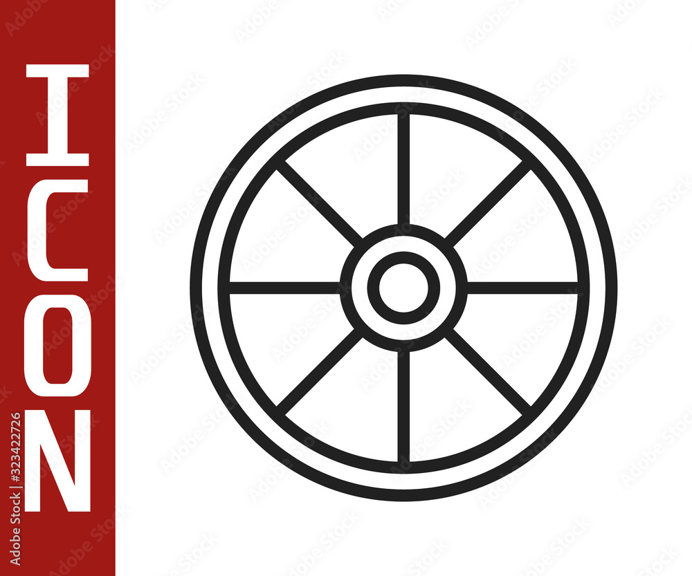 Black line Old wooden wheel icon isolated on white background. Vector Illustration