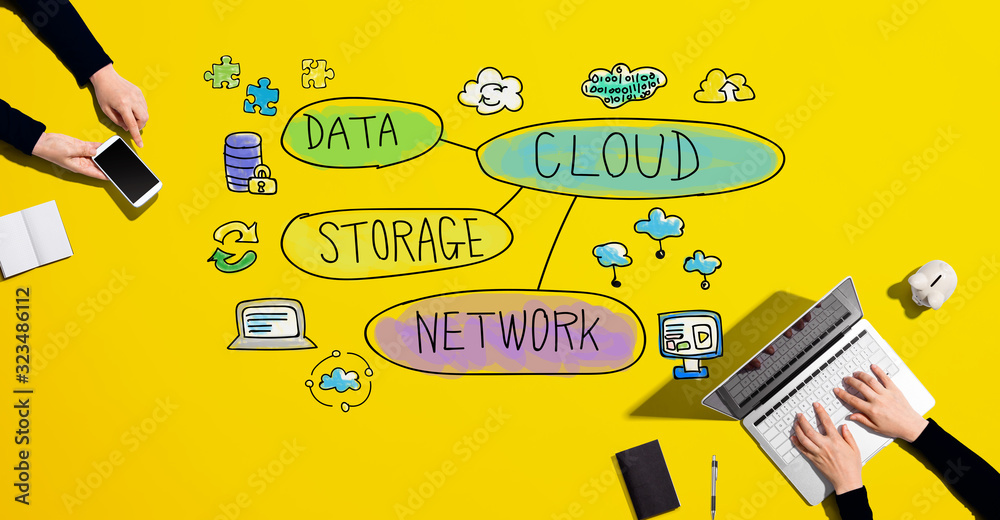 Cloud computing flowchart with people working together with laptop and phone