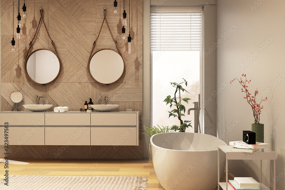 Modern bathroom interior with wooden decor in eco style