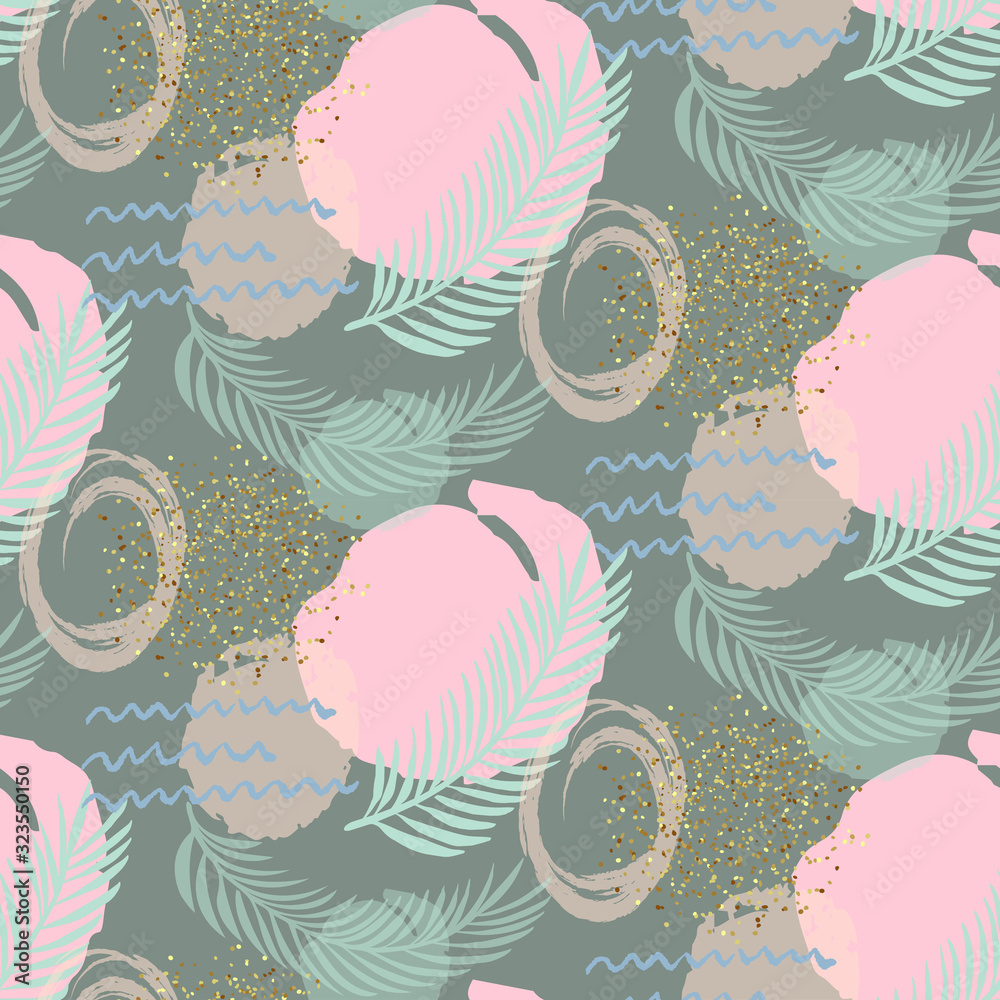 Abstract seamless pattern with hand draw circle, dots. Pink, green and gold modern pattern. Vector i