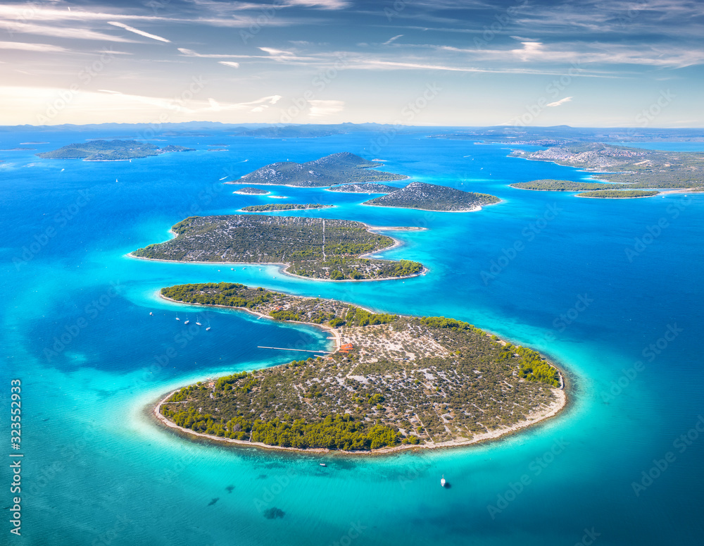 Aerial view of beautiful small islands in Adriatic sea at sunny day in summer in Croatia. Top view o