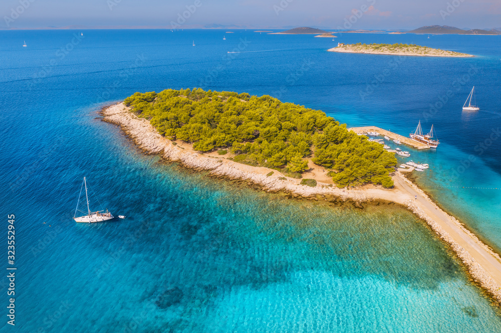 Aerial view of beutiful small island in sea bay at sunny day in summer in Murter, Croatia. Top view 