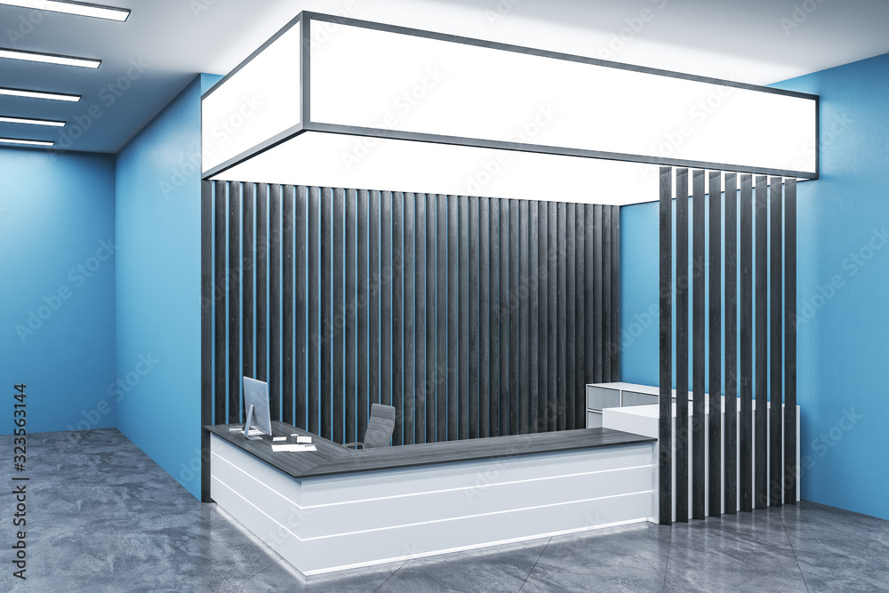 Modern blue office lobby interior with reception desk