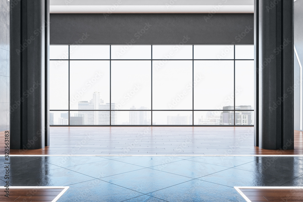 Empty hall interior with panoramic city view