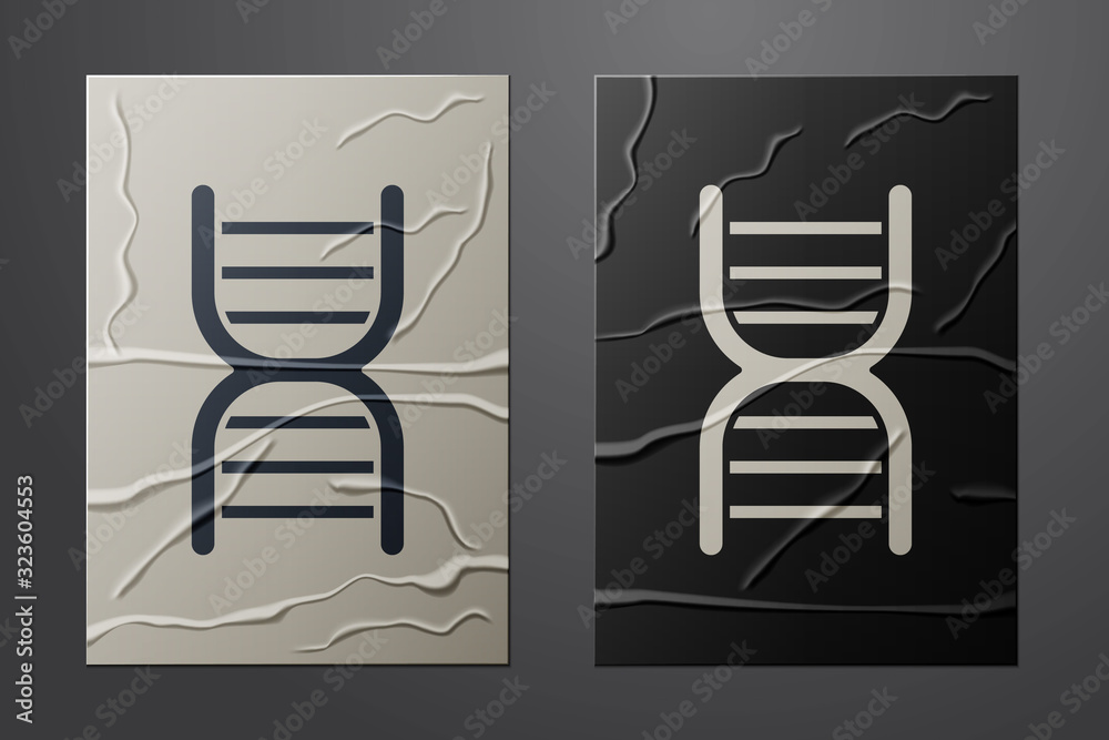 白色DNA符号图标分离在皱巴巴的纸背景上。纸艺术风格。矢量插图