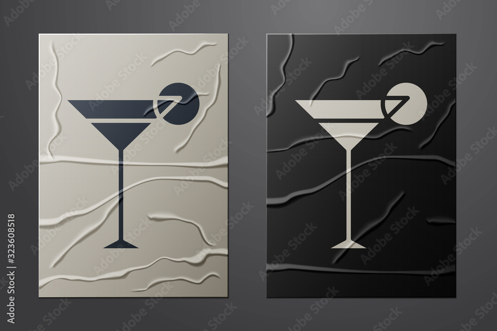 White Martini glass icon isolated on crumpled paper background. Cocktail icon. Wine glass icon. Pape