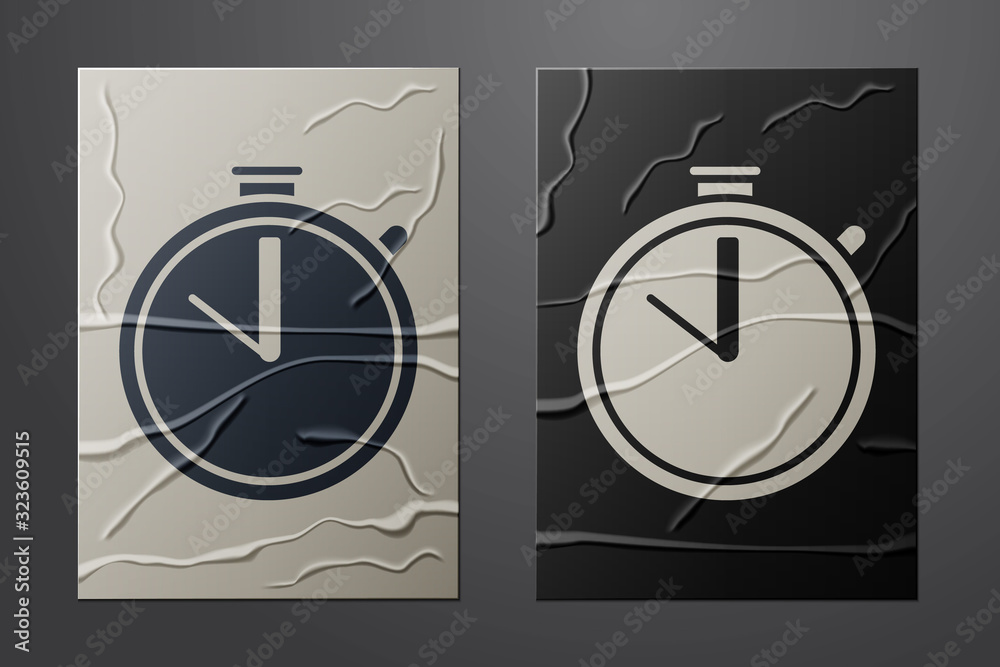 White Stopwatch icon isolated on crumpled paper background. Time timer sign. Chronometer sign. Paper