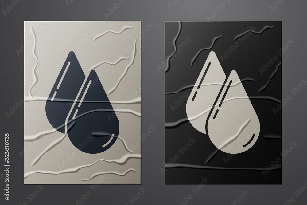 White Water drop icon isolated on crumpled paper background. Paper art style. Vector Illustration