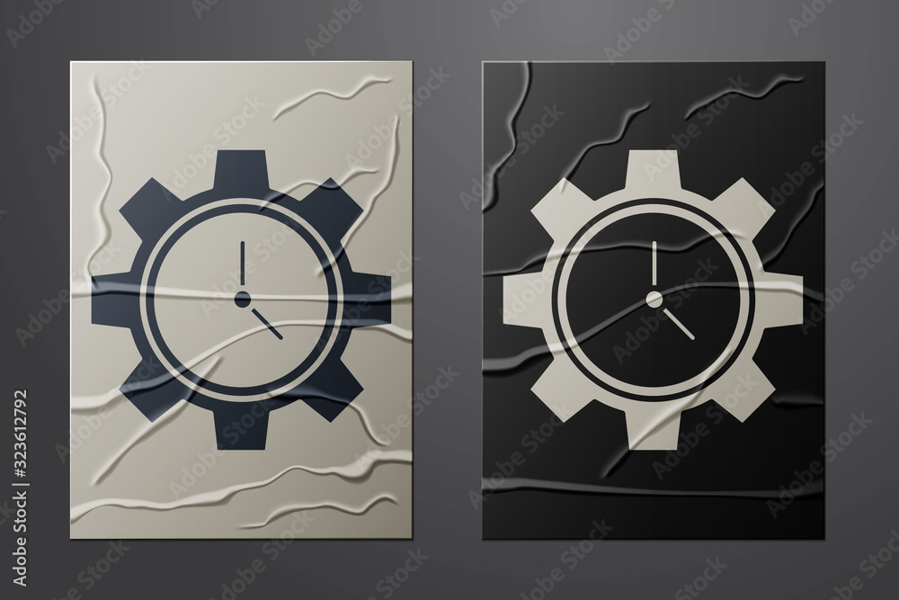 White Time Management icon isolated on crumpled paper background. Clock and gear sign. Productivity 