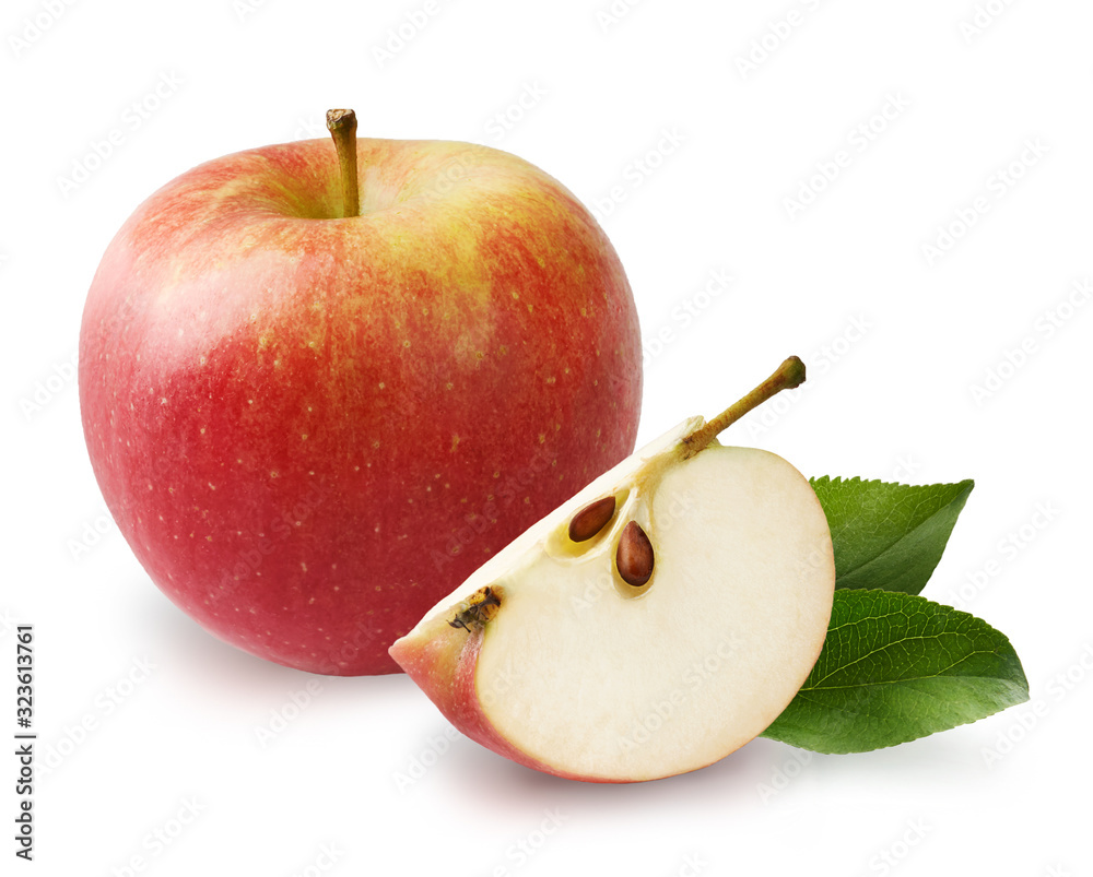 Beautiful red apple with apple leaves and apple slice isolated on white background.