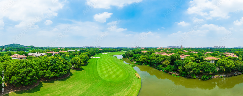 Aerial view of a beautiful green golf course in Shanghai,panoramic view.