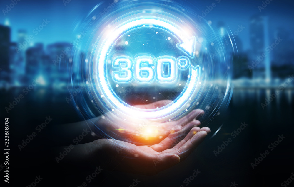 Man hand using 360 degree virtual reality neon interface 3D rendering