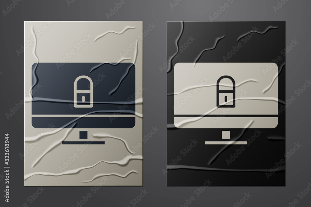 White Lock on computer monitor screen icon isolated on crumpled paper background. Security, safety, 