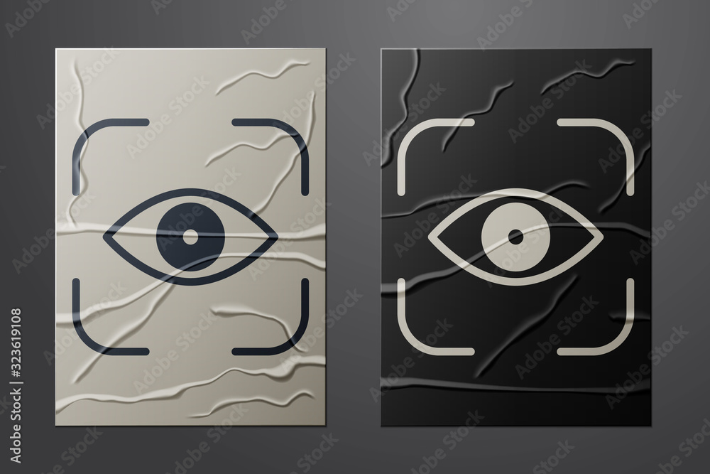 White Eye scan icon isolated on crumpled paper background. Scanning eye. Security check symbol. Cybe