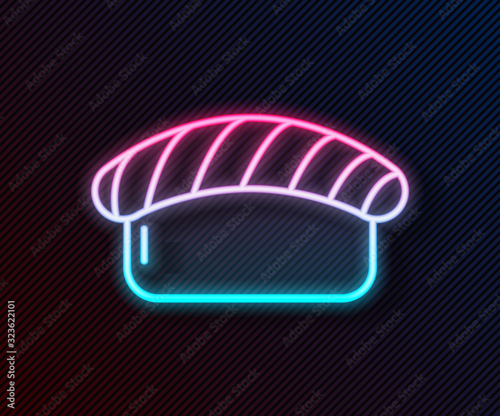 Glowing neon line Sushi icon isolated on black background. Traditional Japanese food. Vector Illustr