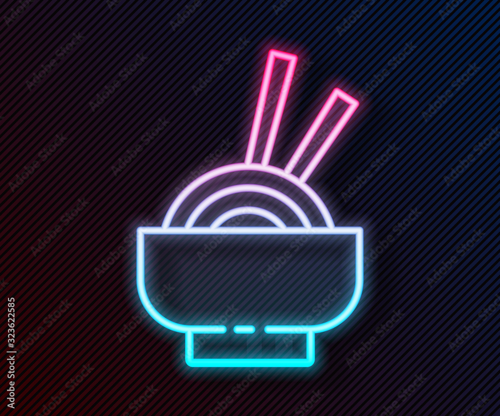 Glowing neon line Asian noodles in bowl and chopsticks icon isolated on black background. Street fas