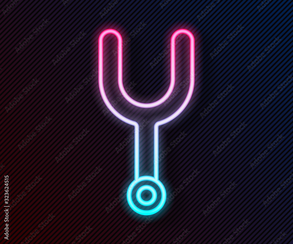 Glowing neon line Musical tuning fork for tuning musical instruments icon isolated on black backgrou