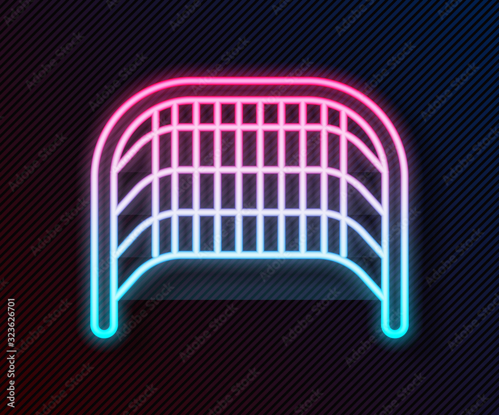 Glowing neon line Ice hockey goal with net for goalkeeper icon isolated on black background. Vector 