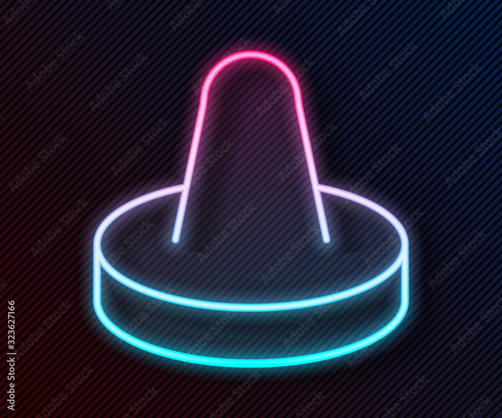 Glowing neon line Mallet and puck for playing air hockey game icon isolated on black background. Vec