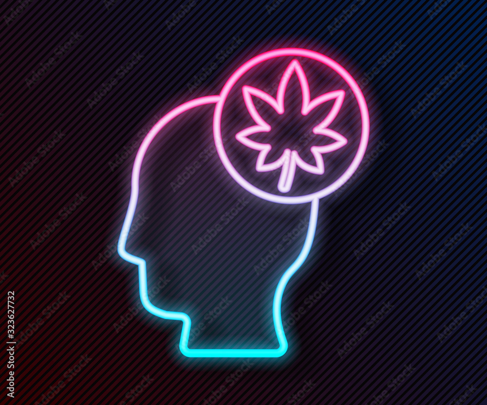 Glowing neon line Human head with leaf icon isolated on black background. Vector Illustration