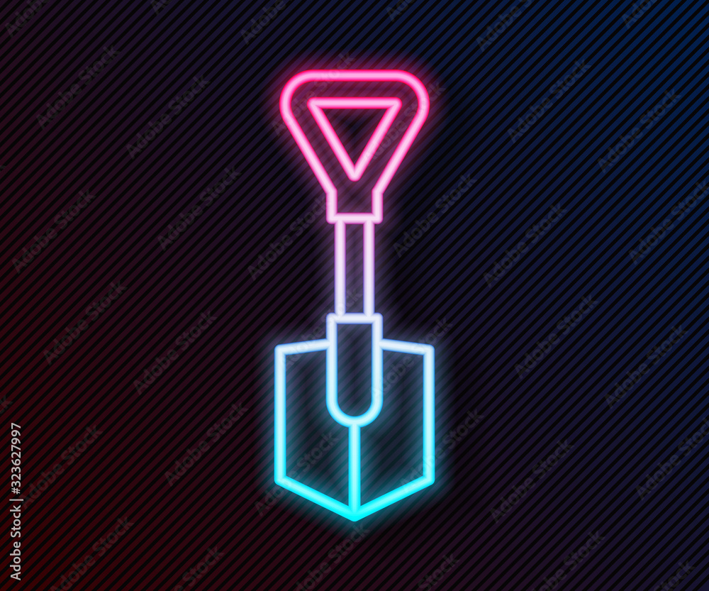 Glowing neon line Shovel icon isolated on black background. Gardening tool. Tool for horticulture, a