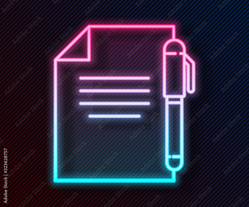 Glowing neon line Document and pen icon isolated on black background. File icon. Checklist icon. Bus