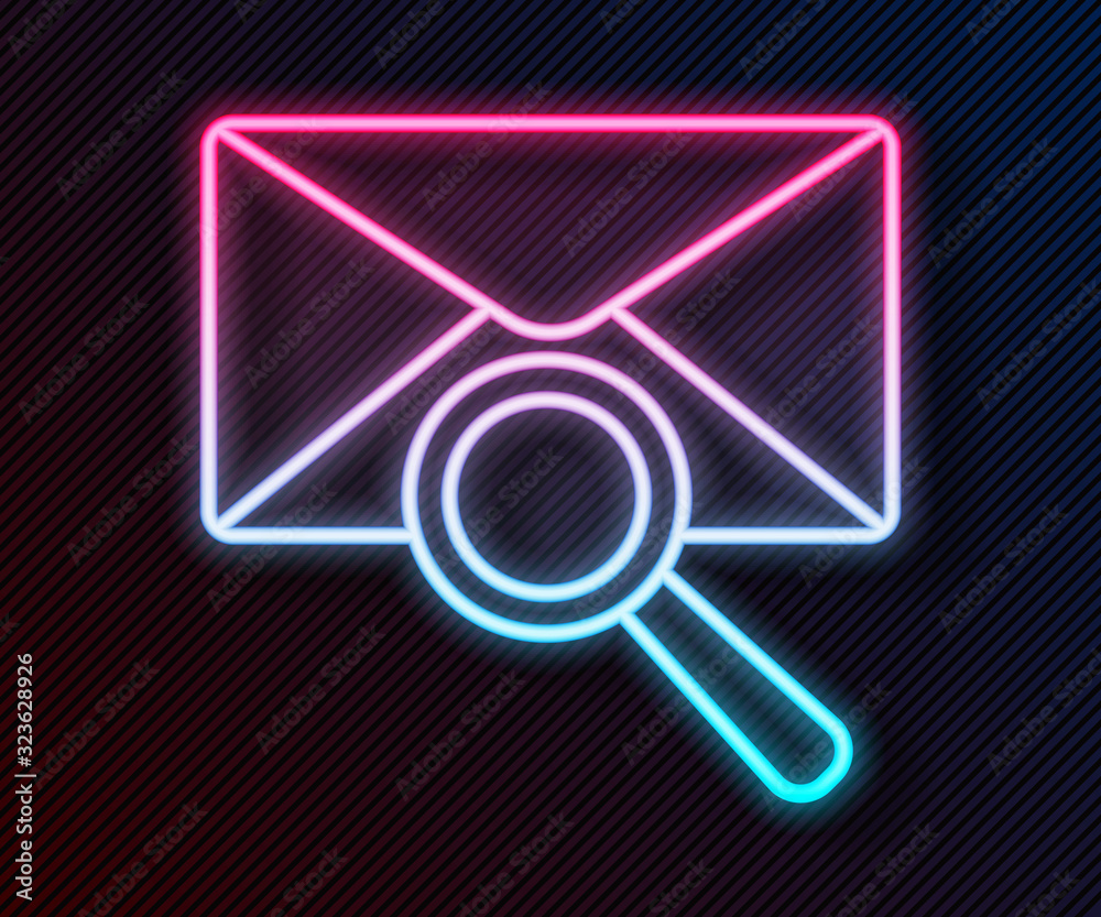 Glowing neon line Envelope mail with magnifying glass icon isolated on black background. Vector Illu