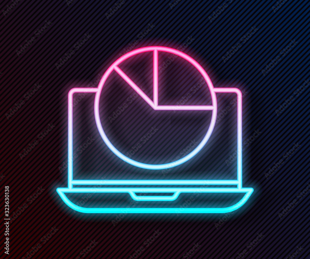 Glowing neon line Laptop with graph chart icon isolated on black background. Report text file icon. 