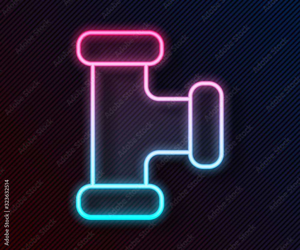 Glowing neon line Industry metallic pipe icon isolated on black background. Plumbing pipeline parts 