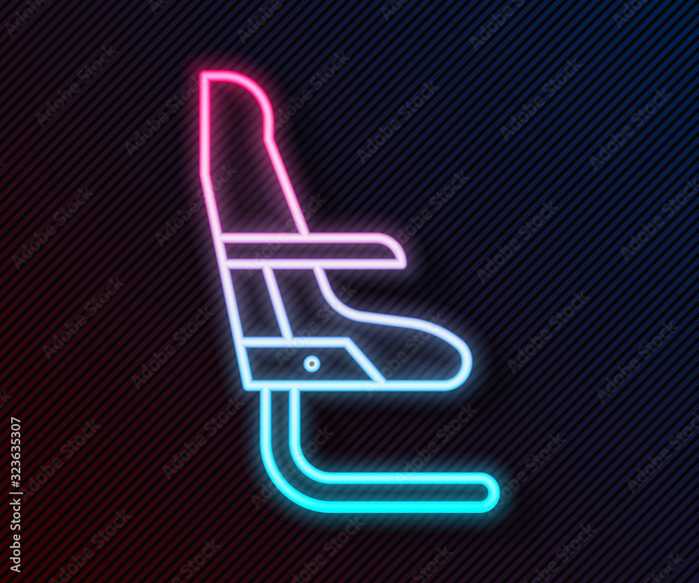 Glowing neon line Airplane seat icon isolated on black background. Vector Illustration