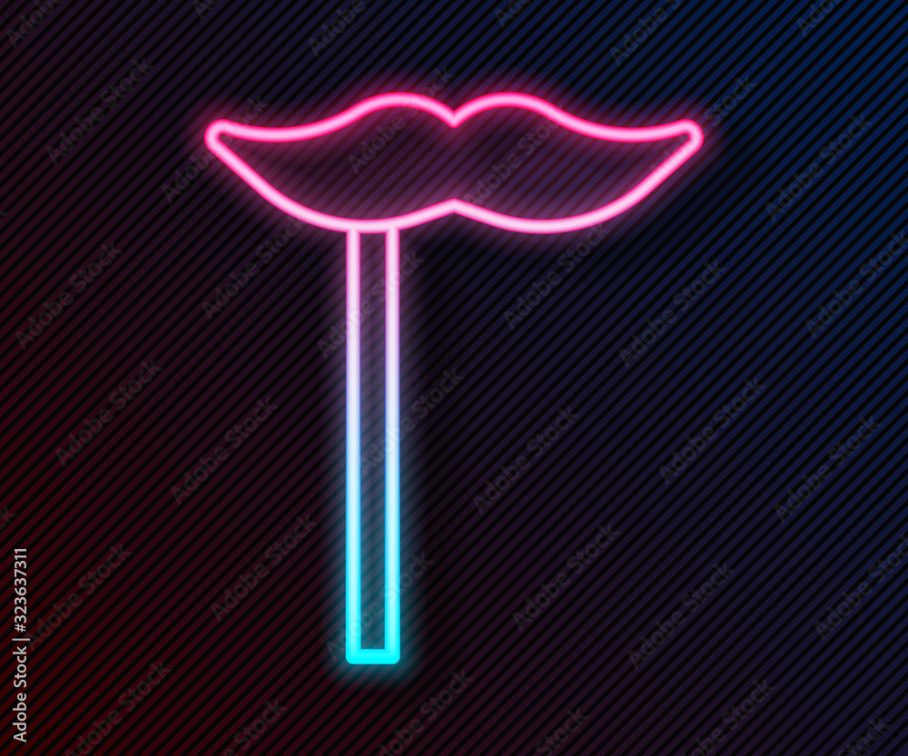 Glowing neon line Paper mustache on stick icon isolated on black background. Concept with cardboard 