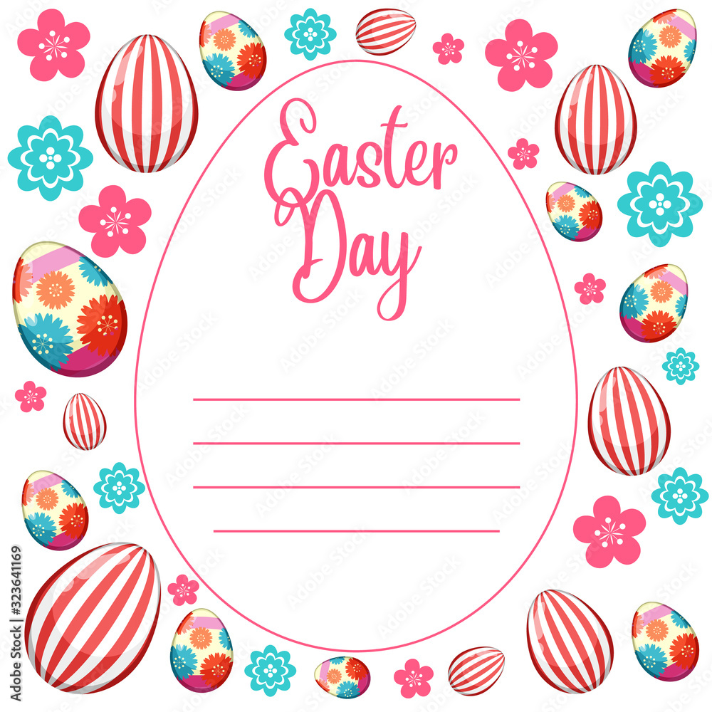 Easter poster template with decorated eggs and flowers