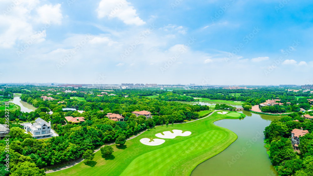 Aerial view of a beautiful green golf course in Shanghai,panoramic view.