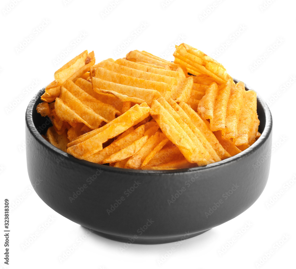 Bowl with tasty potato chips on white background