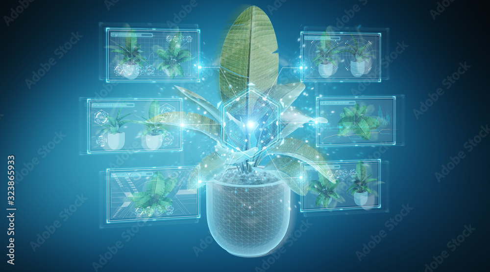 Holographic projection of a plant with digital analysis on blue background 3D rendering