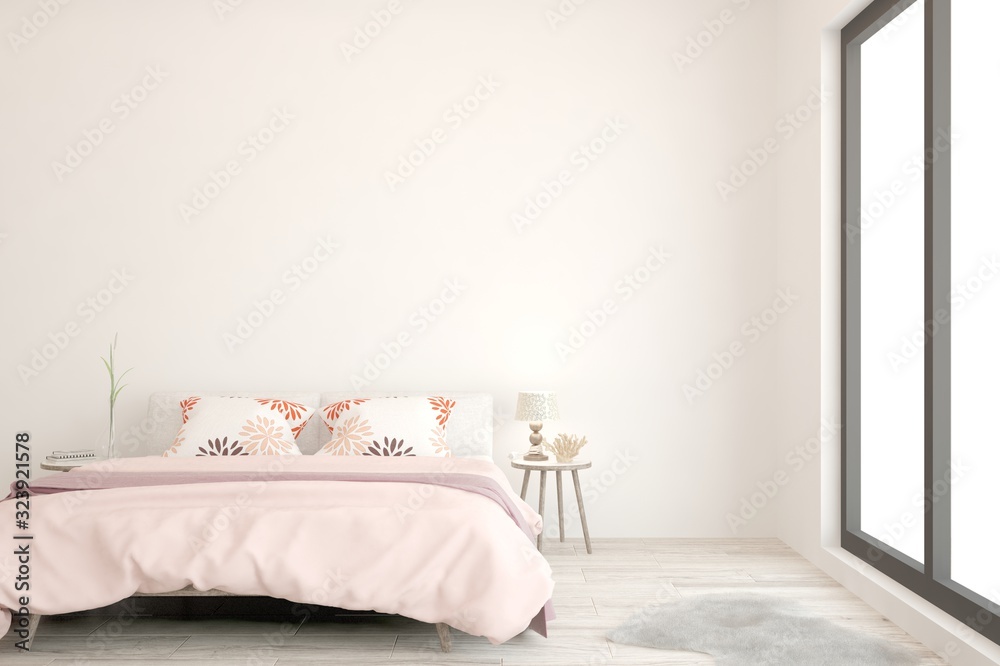 Stylish bedroom in white color. Scandinavian interior design. 3D illustration