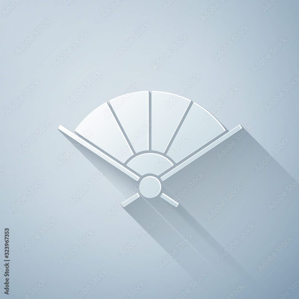 Paper cut Traditional paper chinese or japanese folding fan icon isolated on grey background. Paper 