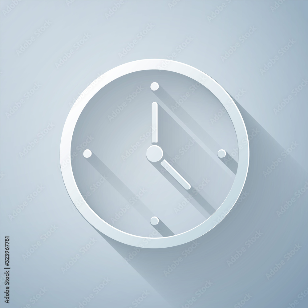 Paper cut Fast time delivery icon isolated on grey background. Timely service, stopwatch in motion, 