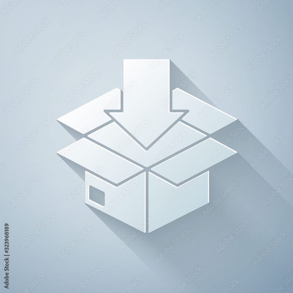 Paper cut Cardboard box with traffic symbol icon isolated on grey background. Box, package, parcel. 