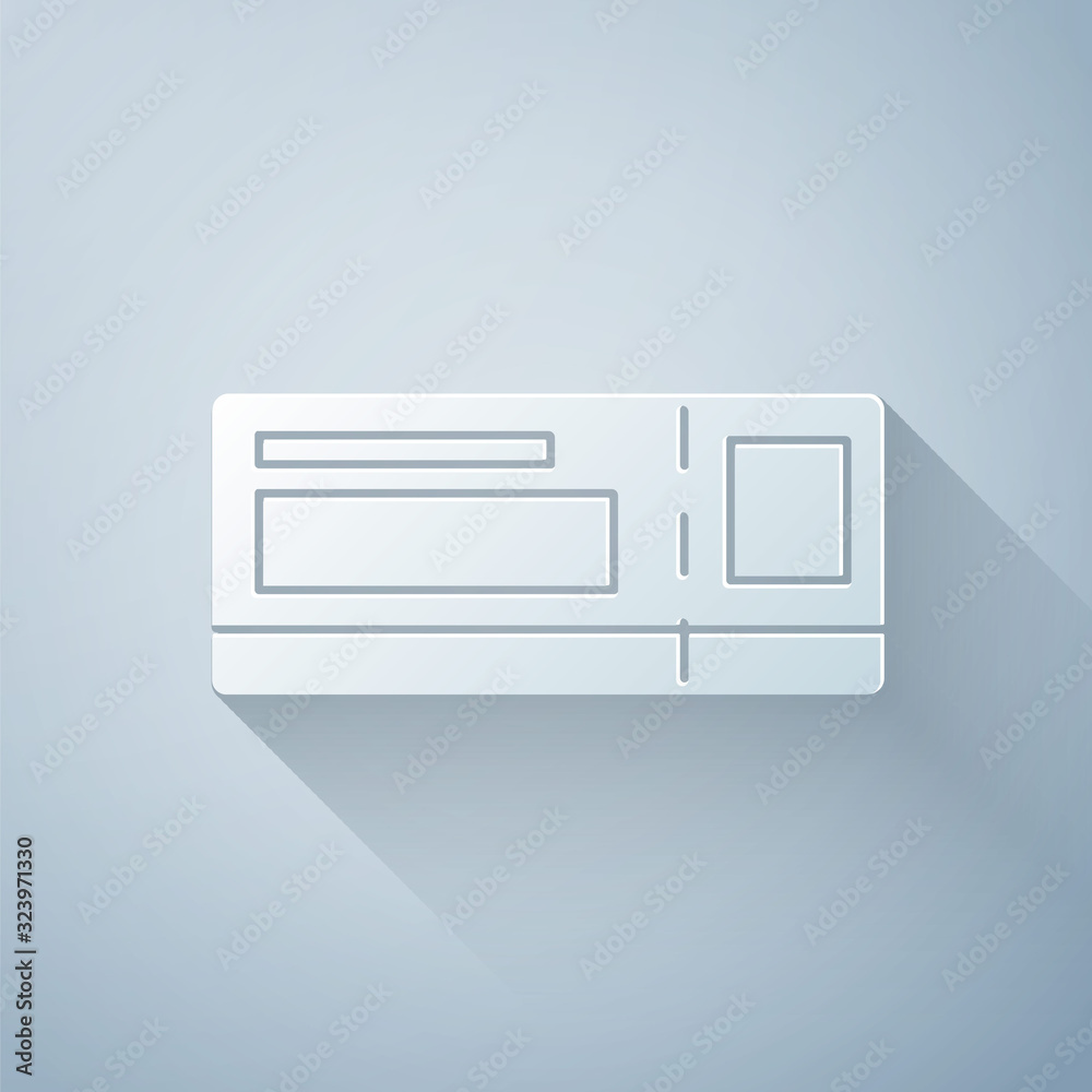 Paper cut Travel ticket icon isolated on grey background. Train, ship, plane, tram, bus transport. T